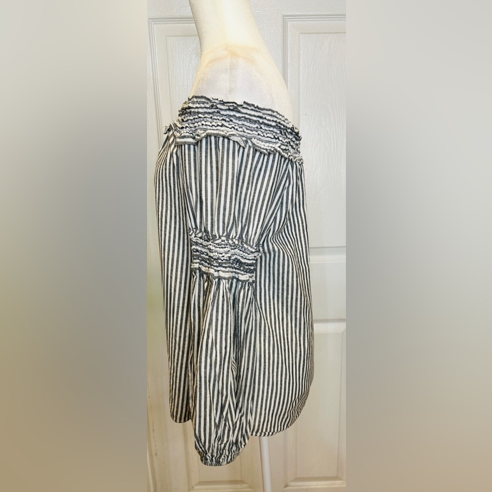 Max Studio Black White Striped Puff Ruffle Long Sleeve Blouse Large - Picture 6 of 10